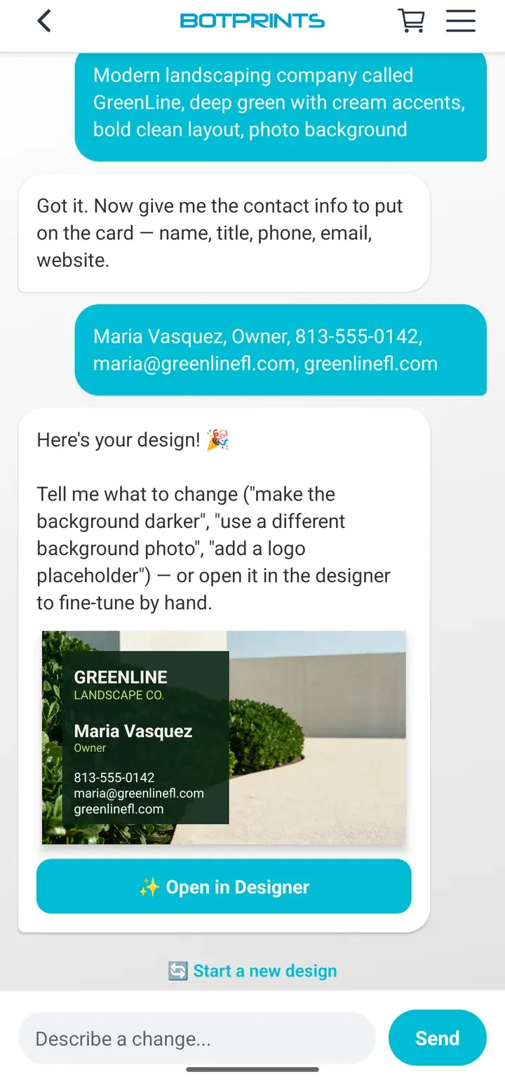 AI designer chat turning a short description into a finished custom business card