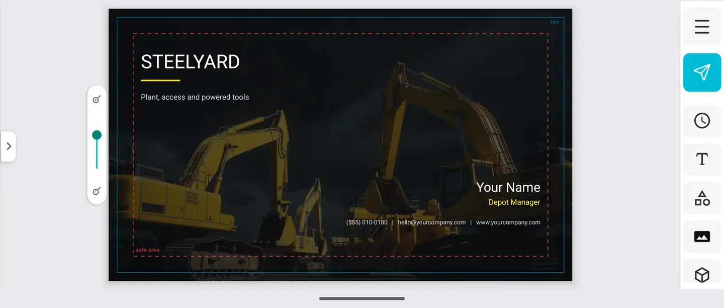 BotPrints editor showing a custom business card with trim and safe-area guides