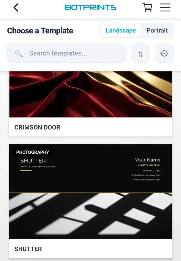 Template gallery showing custom business card designs across different industries