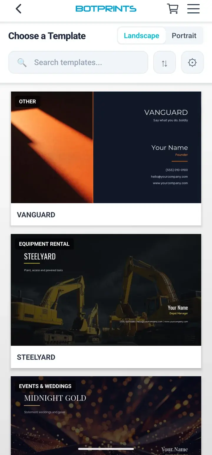 BotPrints template gallery showing custom business card designs ready to personalize